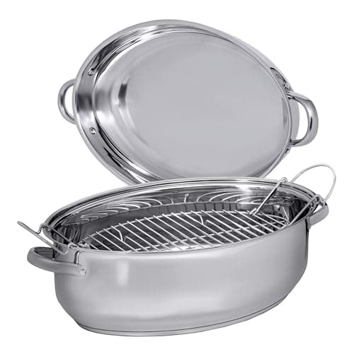 Precise Heat Roasting Pan with Rack and Lid, T304 Stainless Steel Multi-Use Oval Dutch Oven, 18 Inch, 14 Quart