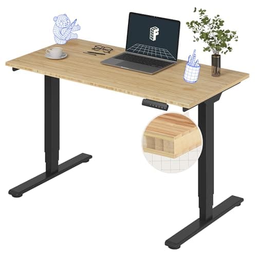 Pro Bamboo 3 Stages Dual Motor Electric Standing Desk 48x24 Inches Whole-Piece Desk Board Height Adjustable Desk Electric Stand Up Desk Sit Stand Desk(Black Frame + Bamboo Desktop)
