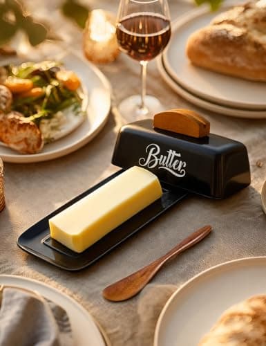 Black Butter Dish with Lid and Knife，Black Butter Tray，Ceramic Butter Holder for Counter Humanized Clamp-able Knife Handle Design Perfect for East West Coast Butter 8