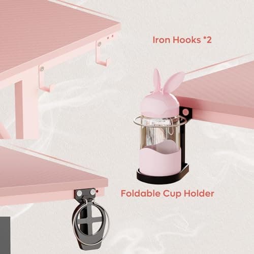 Bestier 42 inch Pink Gaming Desk with Monitor Stand, LED Computer Desk, Gamer Workstation with Cup Holder & Headset Hooks, Modern Simple Style Desk for Girls Kids 6