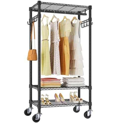 VIPEK R3 Medium Rolling Clothes Racks with Lockable Wheels, Heavy Duty Garment Rack with Adjustable Shelves & Hanging Rod & Side Hooks, Compact Space-Saving Storage for Small Apartments/Dorms (Black)