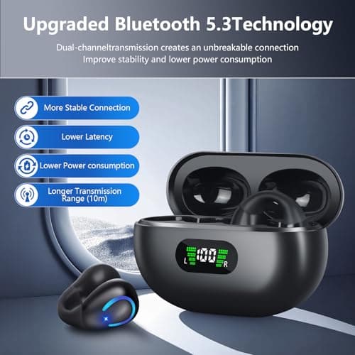 dufiga Ultra Open Ear Headphones Bluetooth 5.3 Wireless Clip On Earbuds with Digital Display Charging Case 60 Hours Playtime Sport Earphones Built-in Mic IPX7 Waterproof for Running Fitness Black 5