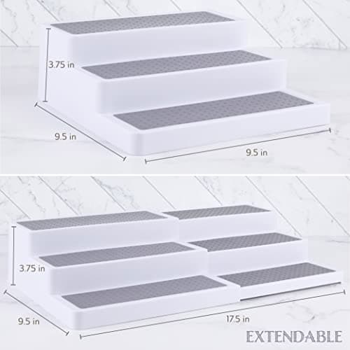 Oizeir 3–Tier Expandable Plastic Spice Rack - Adjustable Length, Stability with Non-Skid Shelf, Three Tiers for Easy Visibility, Organizer for Kitchen Cabinet, Pantry or Countertop, White/Grey 2