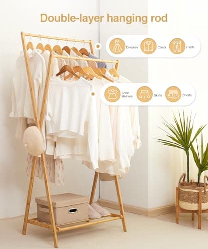 Cozivolife Bamboo Clothes Rack with Storage Shelf, Portable Garment Holder Clothing Hanger for Hanging Cloth, Foldable Wardrobe Storage for Entryway and Bed Room (Natural) 7