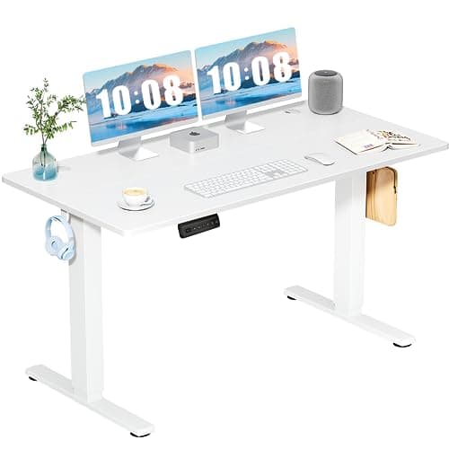 DUMOS Standing Desk with Drawer, Electric Desk Adjustable Height with Storage, 55 x 24 Inches Ergonomic Adjustable Desk with Memory Preset, Computer Desk Stand Up Desk Suitable for Home Office, White