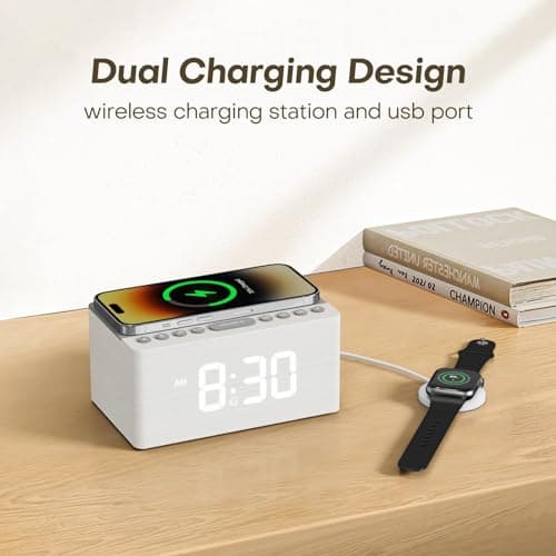 ANJANK Wooden Sound Machine Alarm Clock for Bedroom, Bluetooth Speaker, 20 Soothing Sounds, 0-100% Dimmer, Wireless Charging Station for iPhone/Samsung, Sleep Timer, White Noise Machine for Sleeping 5