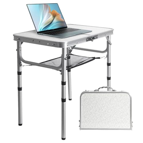 WHOMASS Small Camping Table 2FT Folding Table 3 Adjustable Height Portable Lightweight Aluminum Fold Up Camp Desk for Picnic Beach BBQ Cooking Outdoor Bedside