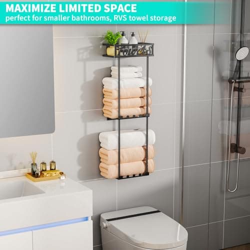 HapiRm Towel Rack Bathroom Storage - 3 Tier Over The Door & Wall Mounted Rolled Towel Racks Holder Organizer with Metal Shelf and 6 Hooks for Small Bathroom, Camper, Rv - Black (for 1.77 in Doors) 5