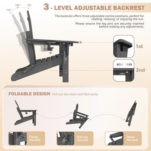 Mdeam 3-Position Adjustable Adirondack Chairs Set of 4, 400LBS Capacity, Cup Holder, Wooden Textured, All-Weather HDPE Folding Fire Pit Outdoor Chairs for Poolside Deck Patio Garden Yard Lawn - Grey 5