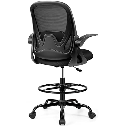 Drafting Chair Tall Office Chair with Flip-up Armrests, Adjustable Height, and Enhanced Lumbar Support - Ergonomic Rolling Stool, Back Support, and Adjustable Foot Rest Ring for Standing Desk Black