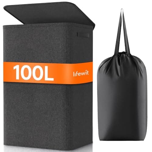 Lifewit 100L Laundry Hamper with Lid, Large Laundry Basket with Lid Handles and 2 Removable Bags, Tall Foldable Dirty Clothes Hamper for Laundry Room, Bathroom, Dorm, Bedroom, Dark Gray