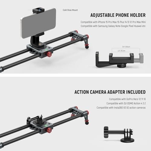 NEEWER 16in/40cm Carbon Fiber Camera Slider with 360° Ball Head/Phone Clamp/Action Camera Mount, Dolly Rail Track with 4 Bearings & Adjustable Legs, Compatible with GoPro Insta360 iPhone Android, CS1M 5