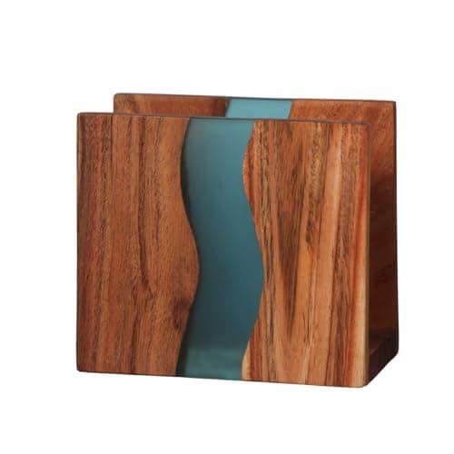 LAVAUK Acacia wood & Transparent Epoxy resin Napkin holder for table, Rustic farmhouse napkin organisation for kitchen, dining, counter tops, restaurant or outdoors | 6x5x2.5 inches| Turquoise