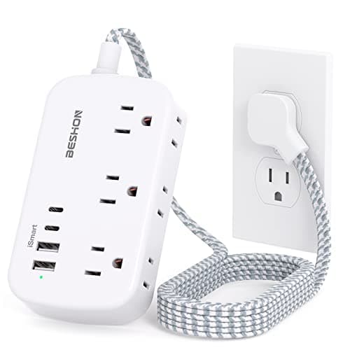Flat Extension Cord, BESHON 5FT Flat Plug Power Strip with USB C, 6 Outlets 4 USB Port(2 USB C), No Surge Protector, Cruise Ship, Dorm Room Travel Essentials