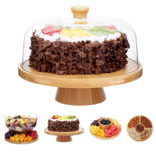 Timboops Home Bamboo Cake Stand with Lid, 6-in-1 Multifunctional Cake Plate, Cake Holder, Serving Tray, Fruit Platter, Salad Bowl, Dessert Table Display & Acrylic Cake Dome Cover