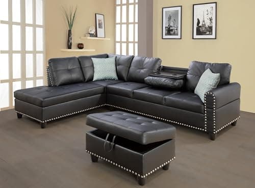 Wakefit Sectional Sofa Couch, Modern 4-Seaters Living Room Furniture Sets with Chaise Lounge, Ottoman & 2 Pillows | L Shape Couch | Cup Holder | Faux PU Leather, Black