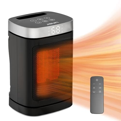 Small Portable Space Heater for Indoor Use - with 70°Rotating Feature, JIBUFI 1500W PTC Electric Heater, Rapid and Safe Heating, Remote Control, 1-12 Hr Timer for Bedroom, Office, etc, Silver