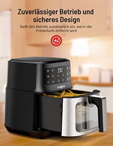PARIS RHÔNE hot air fryer 4L XL with viewing window, 8-in-1 airfryer dishwasher safe with one-touch operation, non-stick coated basket & removable tray 6