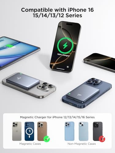 Aioneus Magnetic Portable Charger 10000mAh Magnetic Power Bank with PD 20W USB-C Fast Charging & Slim for Magsafe Battery Pack for iPhone 16/15/14/13/12 Pro/Max/Plus/Mini(Black) 5