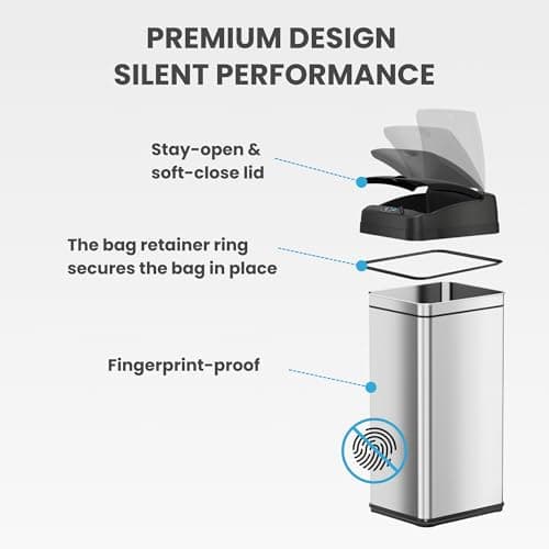 iTouchless 13 Gallon Patented Sensor Trash Can with Lid & Odor Filter, Original Inventor 50L Automatic Kitchen Garbage Bin, Fingerprint-Proof Stainless Steel, Pet-Proof Lock, Soft-Close, Silver 6
