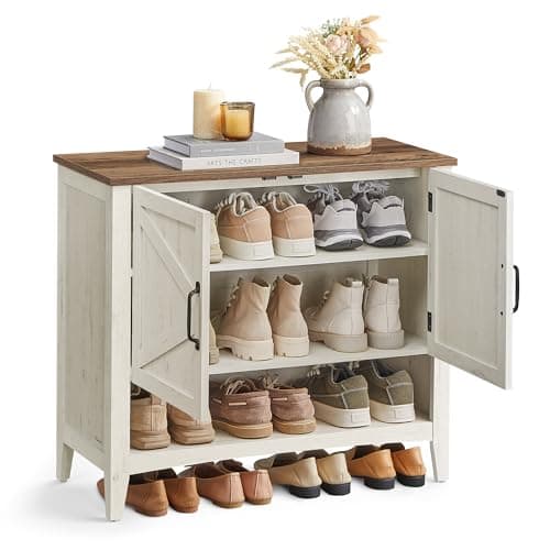 VASAGLE LIRY Collection - Shoe Cabinet, 3-Tier Storage Organizer, Shoe Shelf, Farmhouse Freestanding Cabinet, Height-Adjustable Shelf, 13.8 x 31.5 x 27.6 Inches, Rustic White ULBC038W01