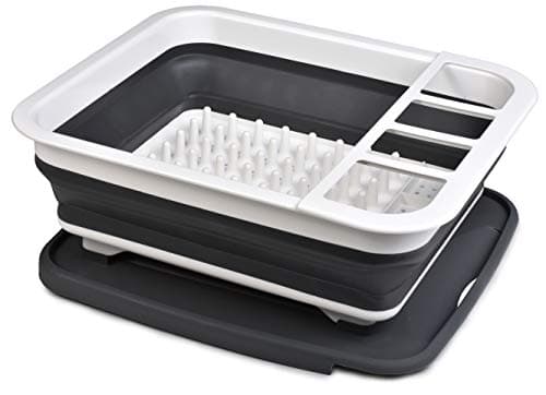 Masirs Pop-Up Collapsible Dish Drying Rack: Convenient Storage, Drains into Sink, Eight Large Plate Capacity, Sectional Cutlery and Utensil Compartment. Compact and Portable Design.