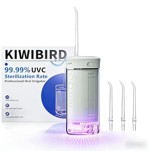 KIWIBIRD Mini Water Flosser for Travel, Ultra-Portable Cordless Oral Irrigator with UVC Light, IPX8 Waterproof 3 Modes, 230mL Teeth Cleaner for Tonsil Stones & Braces Care - Home & Travel (Grey)