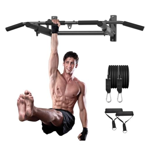ONETWOFIT Wall Mounted Pull Up Bar, 400 LBS Heavy Duty Chin Up bar Multifunctional Strength Training Wall Mount Pull up Bar Upper Body Workout For Home Gym With 2 Assistance Bands OT053102
