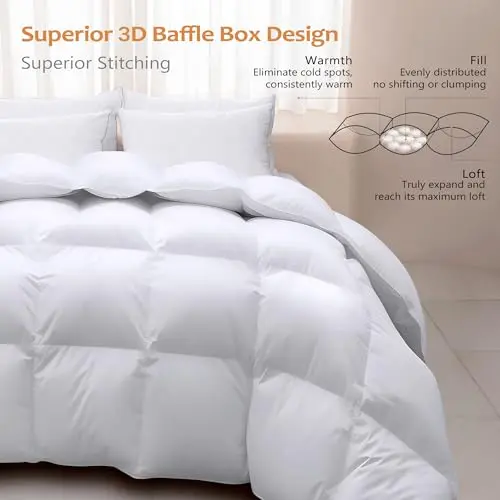 Wellos Luxury Goose Feather Down Comforter King Size 850+ Fill-Power, Fluffy and Cozy Duvet Insert with 1000T 100% Cotton, All Season Premium Medium Warmth King Size Down Comforter 5