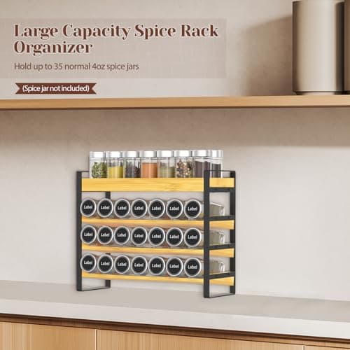 Gledich 4 Tier Spice Rack Organizer Shelf for Cabinet Countertop, Bamboo Space-Saving Seasoning Holder Stand with 4 Hooks, Kitchen Spice Storage Organization for Pantry & Cupboard(Jars Not Included) 5