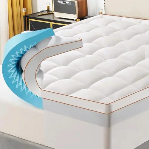 WhatsBedding Memory Foam Mattress Topper 5inch, Soft Egg Crate Mattress Topper with Breathable Cover for Back Pain Relief, CertiPUR-US Certified (White+Bule, Queen)