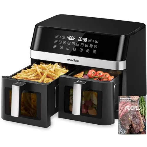 12QT Large Dual Air Fryer, 10-in-1 Double Zone Airfryer with 2×6QT Baskets, 60° Easy-Panel with Full Touchscreen, Black