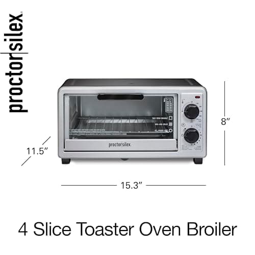 Proctor Silex 4 Slice Countertop Toaster Oven, Multi-Function with Bake, Toast and Broiler, 1100 Watts, 30 min timer and auto-shutoff, Includes Backing Pan and Rack, Black and Silver (31260) 8