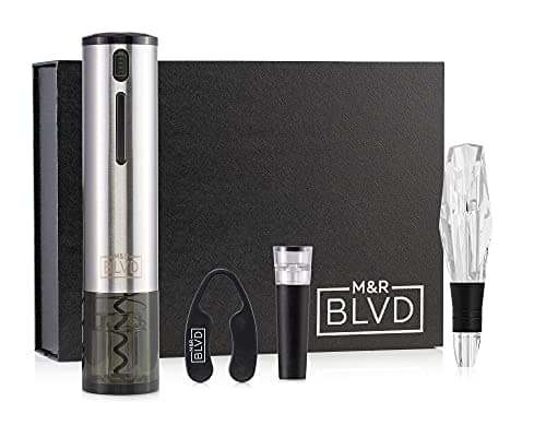 Electric Wine Bottle Opener Set by M&R Blvd. - Deluxe Rechargeable Stainless Steel Electric Corkscrew, USB Charging Cable - Foil Cutter, Aerator Spout, Stopper - Premium Bar Accessory & Wine Gift Set