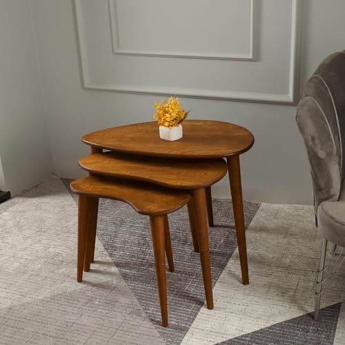 TRIHOME, Solid Nesting Table Set of 3, Birch Mid Century Pebble Tables with Wood Tapered Legs, Portable Modern Side Coffee Tables, Handmade Home Furniture, Farmhouse, Living Room, Bean