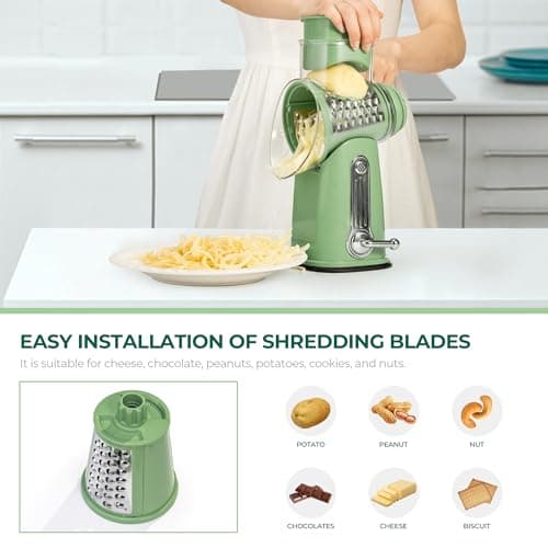 SUSTEAS Rotary Cheese Grater with Handle - Vegetable Shredder with 5 Well-designed Blades & Strong Suction Base,Round Mandoline Slicer & Food Chopper for Kitchen,with Blade Storage Box(Retro Green) 6