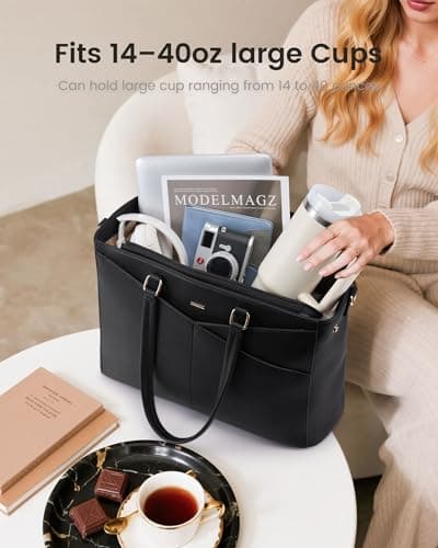 LOVEVOOK Lunch Tote Bag for Women, 3 in 1 Work Bag with Insulated Lunch Compartment, Laptop Bag with Large Cup Holder for Office, College, Casual, Black 6