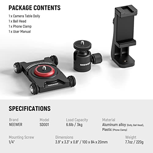 NEEWER Camera Slider Dolly with Ball Head & Phone Clamp,4 Wheeled Tabletop Dolly Manual Skater with 360° Panorama Compatible with DSLR Camera Video Camcorder GoPro iPhone and Android Smartphone, SD001 7
