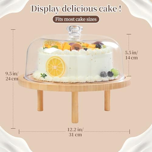 Ohuhu Cake Stand with Lid, Bamboo 2-in-1 Cake Turntable Cake Holder Plate Serving Platter with Acrylic Dome Three Detachable Supports for Birthday Kitchen Party Baking Decorative Mothers Day Gifts 8