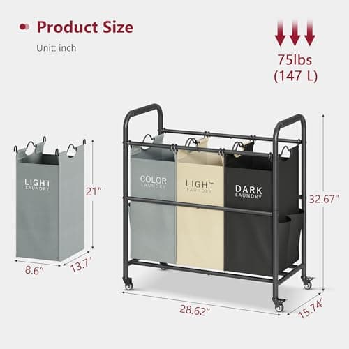 Tajsoon 3 Bag Laundry Sorter Cart, Laundry Hamper Sorter Basket with Heavy Duty Lockable Rolling Wheels for Clothes Storage, 3 Colors 7