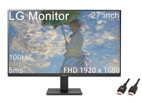 LG 27 inch FHD (1920 x 1080) IPS Monitor, 100Hz, 5ms, 3-Side Virtually Borderless Design, AMD FreeSync Premium, HDMI, Black, with 5ave HDMI Cable