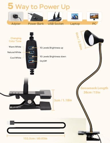 LiFMIRA Clip on Light USB Reading Light 3 Color Modes 10 Brightness Levels Eye Care Clamp Light Flexible Gooseneck Dimmable Reading Lamp Clip on Lamp for Bed Headboard Desk Bedside Dorm (Black) 5