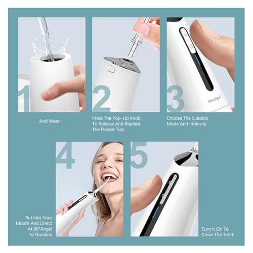 Nicefeel Water Dental Flosser Pick for Teeth 3 Modes Cordless Portable Water Teeth Cleaner Ipx7 Waterproof Oral Irrigator 300ml Tank Water Teeth Cleaner Rechargeable Flossing (White, 4 Modes) 7