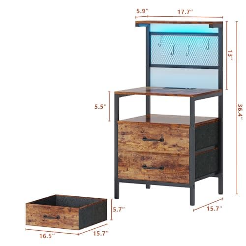 TRIFEBLE Tall Nightstand Set of 2 with Charging Station and LED Lights, Night Stand with Fabric Drawers, Bedside Table 36.4 Inch with Storage Shelves, Side Table, Mesh Shelves with Hooks, Rustic Brown 7