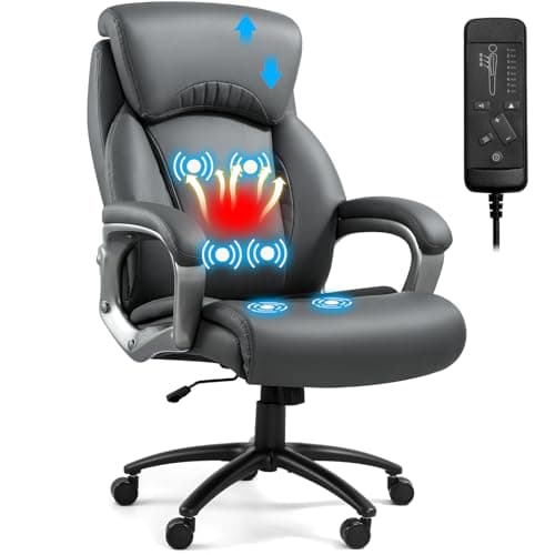 Yalissey Massage & Heated Executive Office Chair with Adjustable Headrest, 6 Points Vibration, Extra Wide Ergonomic Office Desk Chair for Big and Tall 500LBS, Thick Seat, Grey