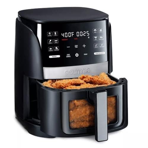 Gourmias 6-Qt Digital Window Air Fryer, 12 Presets, Guided Cooking, Touch Control, Stainless Steel, Nonstick Basket, Oil-Free Frying, 1500W, Auto Shutoff, Dehydrator Function, Family Size, 4
