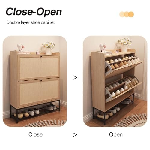 AVZEAR Narrow Shoe Storage Cabinet for Entryway with 2 Flip Drawers, Freestanding Shoe Cabinet with Natural Linen Panel, Slim Wood Shoe Organizer Closed Shoe Rack for Hallway, Foyer, Natural 5