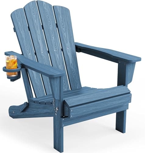KINGYES Folding Adirondack Chair, HDPE All-Weather Patio Chairs with Cup Holder, Wooden Textured Fire Pit Chairs for Poolside, Backyard, Deck, Navy