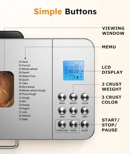 2LB Bread Maker Machine, OSIPOTO 17 in 1 Automatic Stainless Steel Bread Machine, Non-stick, Beginner-Friendly Controls, 15 Hour Timer, Easy to Clean Low Noise, High Success Rate for Homemade Bread 7