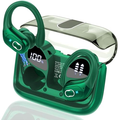 Wireless Earbuds 75hrs Bluetooth 5.4 Headphone Sport, 2026 Bluetooth Earbuds Stereo Deep Bass Over Ear Bud with Earhooks, ENC Noise Cancelling Mic, IPX7 Waterproof Earphone for Gym/Workout, Dark Green